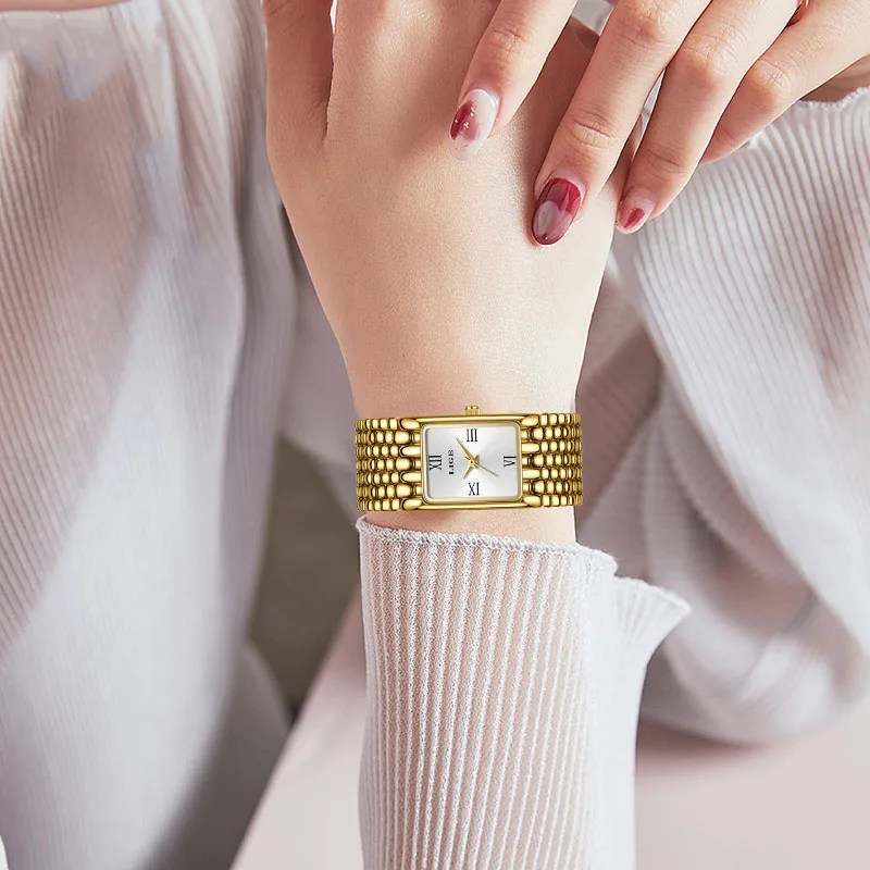 LIGE New Gold Watch Women Fashion Creative Square Quartz Women's Watches Simple Waterproof Date Chronograph Relogio Feminino+BOX