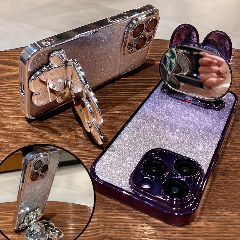 Glitter Gradient Plating Rabbit Mirror Case with Holder and Lens Protection