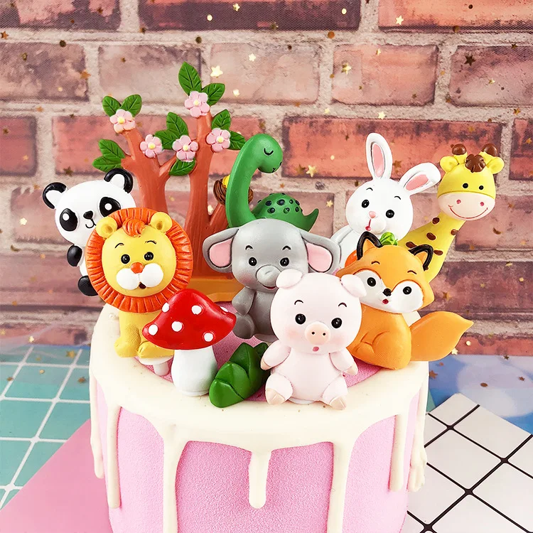Woodland Cartoon Animal Cake Decor Lion Tiger Elephant Giraffa Dinosaur Soft Pottery Cake Topper Happy Birthday Party Deocr Kids