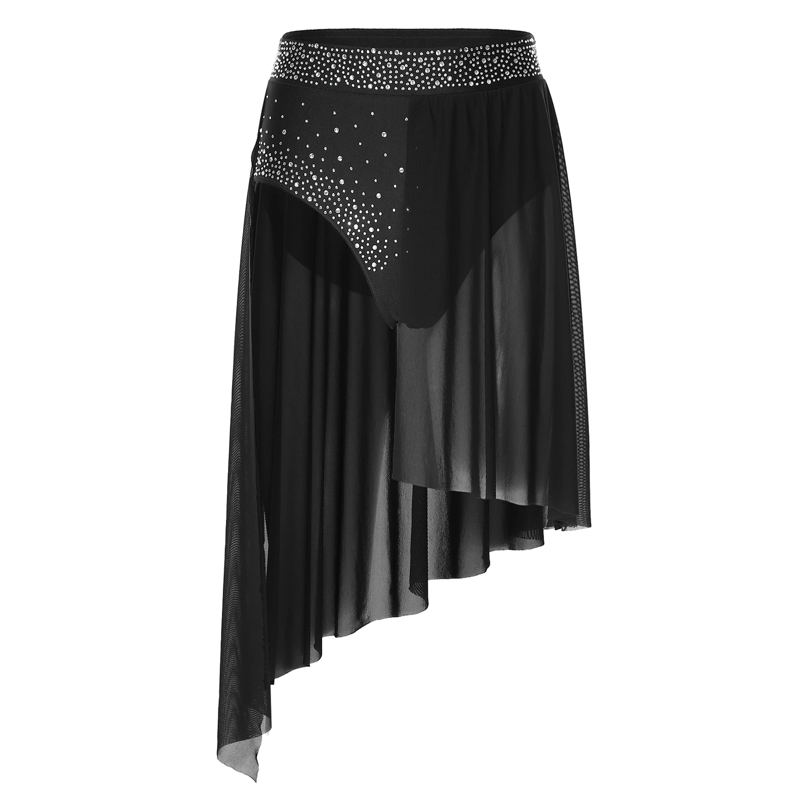 thumbnail image 1 of Faldas de baile lírico de Ballet para mujer, ropa de baile moderna para adultos, patinaje artístico, dobladillo Irregular dividido, falda con diamantes de imitación brillantes, disfraz, 1 of 5