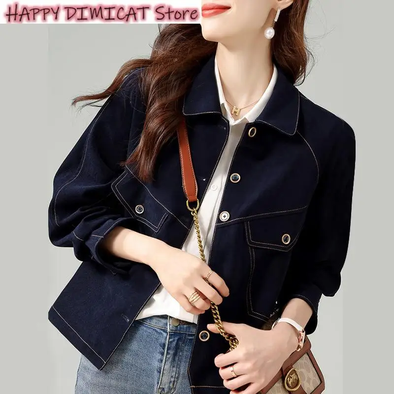 

Korean Denim Jackets Women Autumn Spliced Turn Down Collar Women's Clothes Street Fashion Versatile Long Sleeve Tops Coat