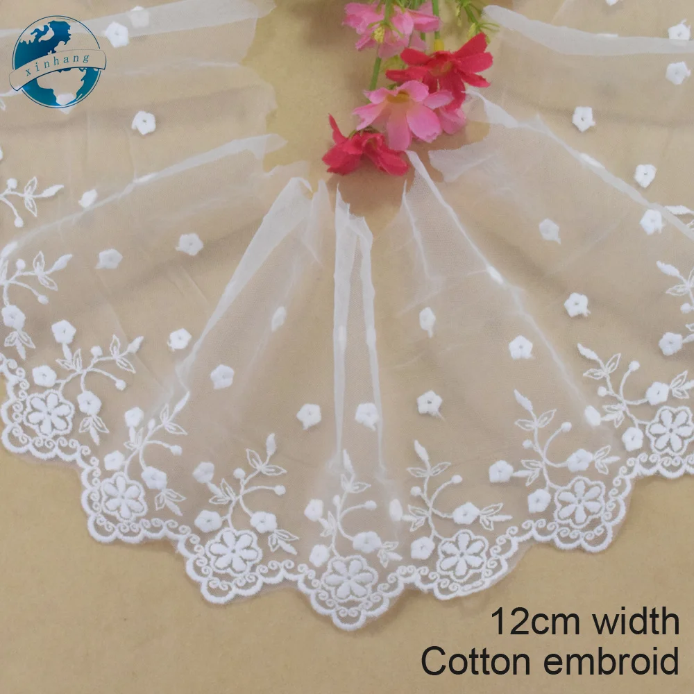 Weiße Baumwoll spitzens tickerei Französisch 12cm Spitzen band Stoff Guipure DIY Borten Kett strick Näh zubehör Puppen kleid #4304 – Detail 2