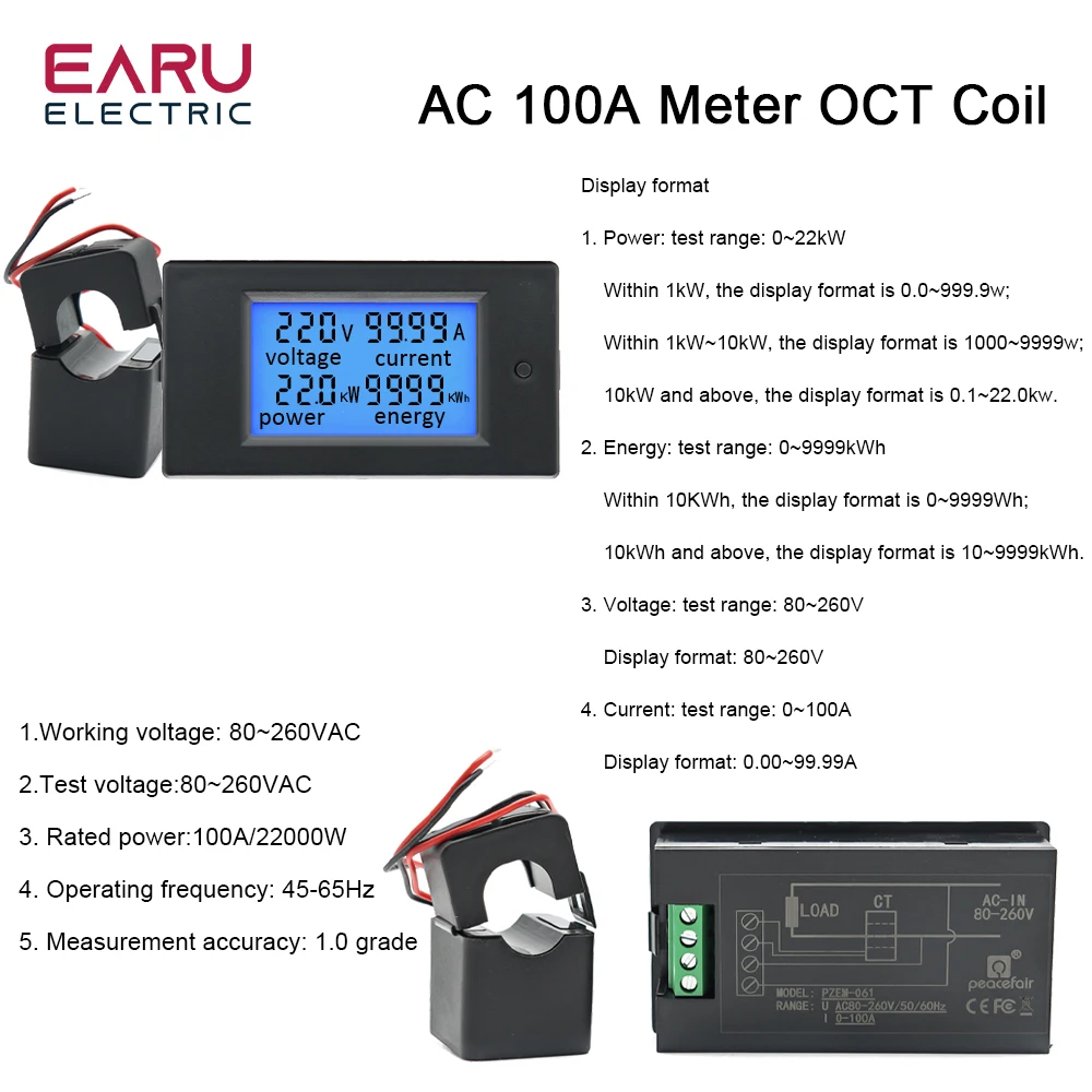 Power Meter Energy Meter Digital Multimeter 20A 100A AC 80-260V DC 6.5-100V Digital LED Display Voltmeter Ammeter Wattmeter Power Energy Meter 12V 24V 110V 220V Volt Tester