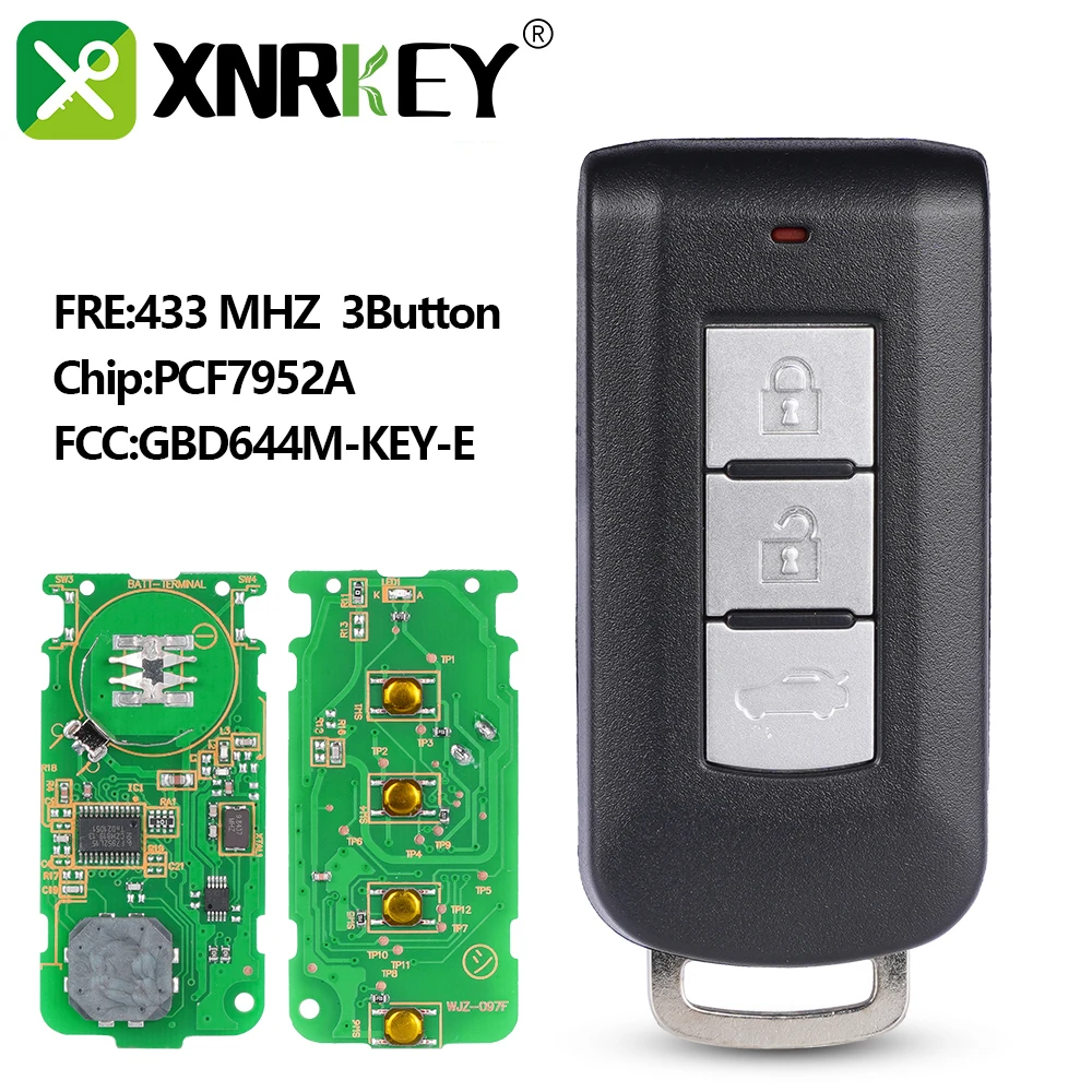 

XNRKEY 3 Button Smart Remote Key Fob 433Mhz PCF7952/ID46 Chip for Mitsubishi Lancer Outlander ASX Car Key FCC: G8D-644M-KEY-E