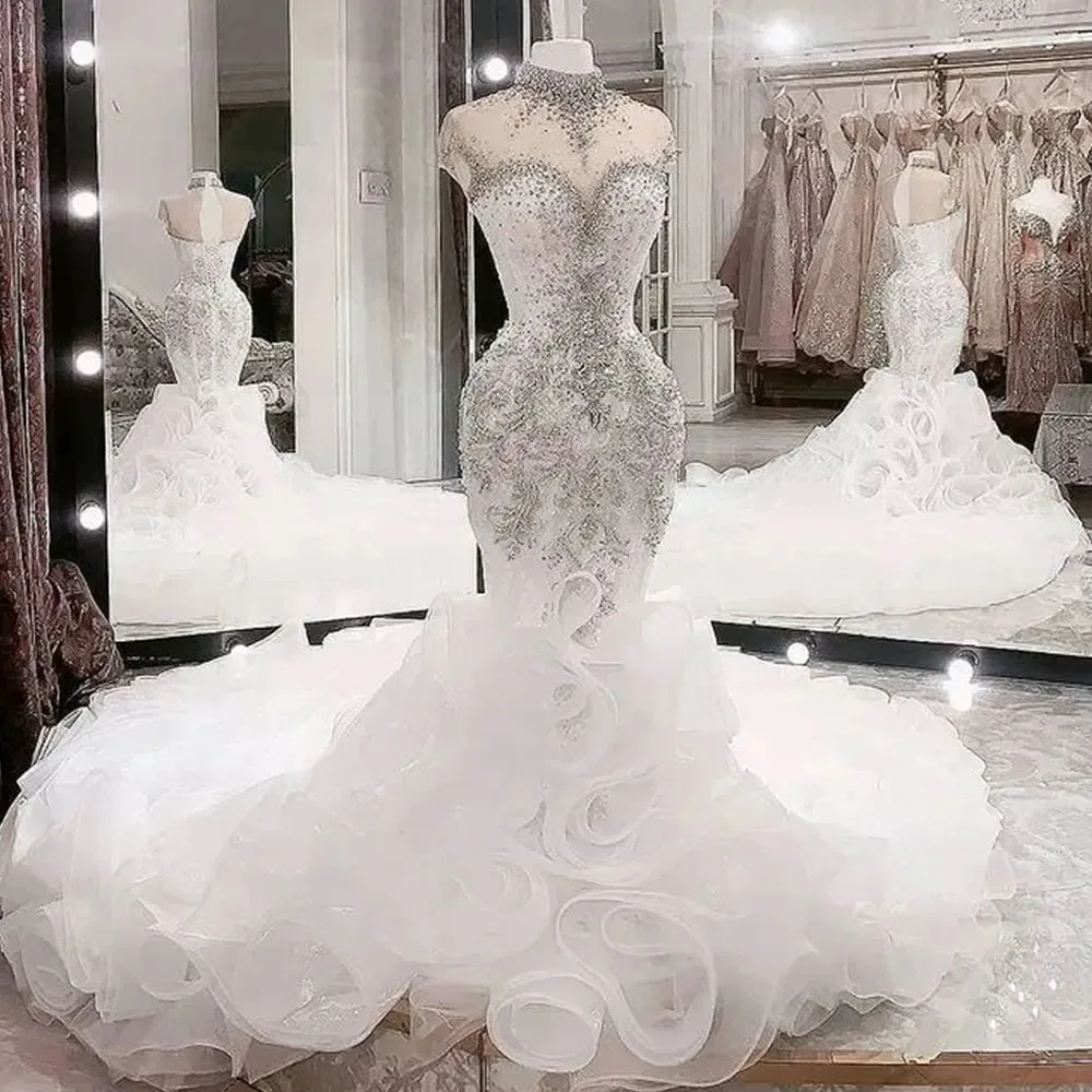

Luxurious Beaded Crystals Wedding Dresses High Neck Mermaid Bridal Gowns Plus Size Arabic Aso Ebi Sheer Neck Bride Formal Gown