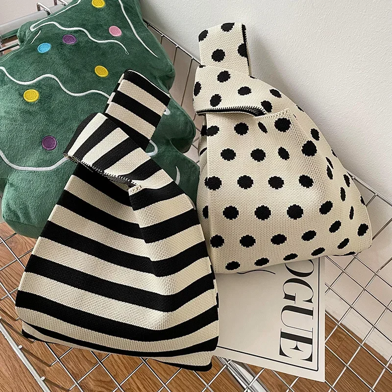 

Handbag Ladies Niche Design Polka-dot Striped Knitted Shoulder Bag Casual Travel Tote Underarm Vest Bag