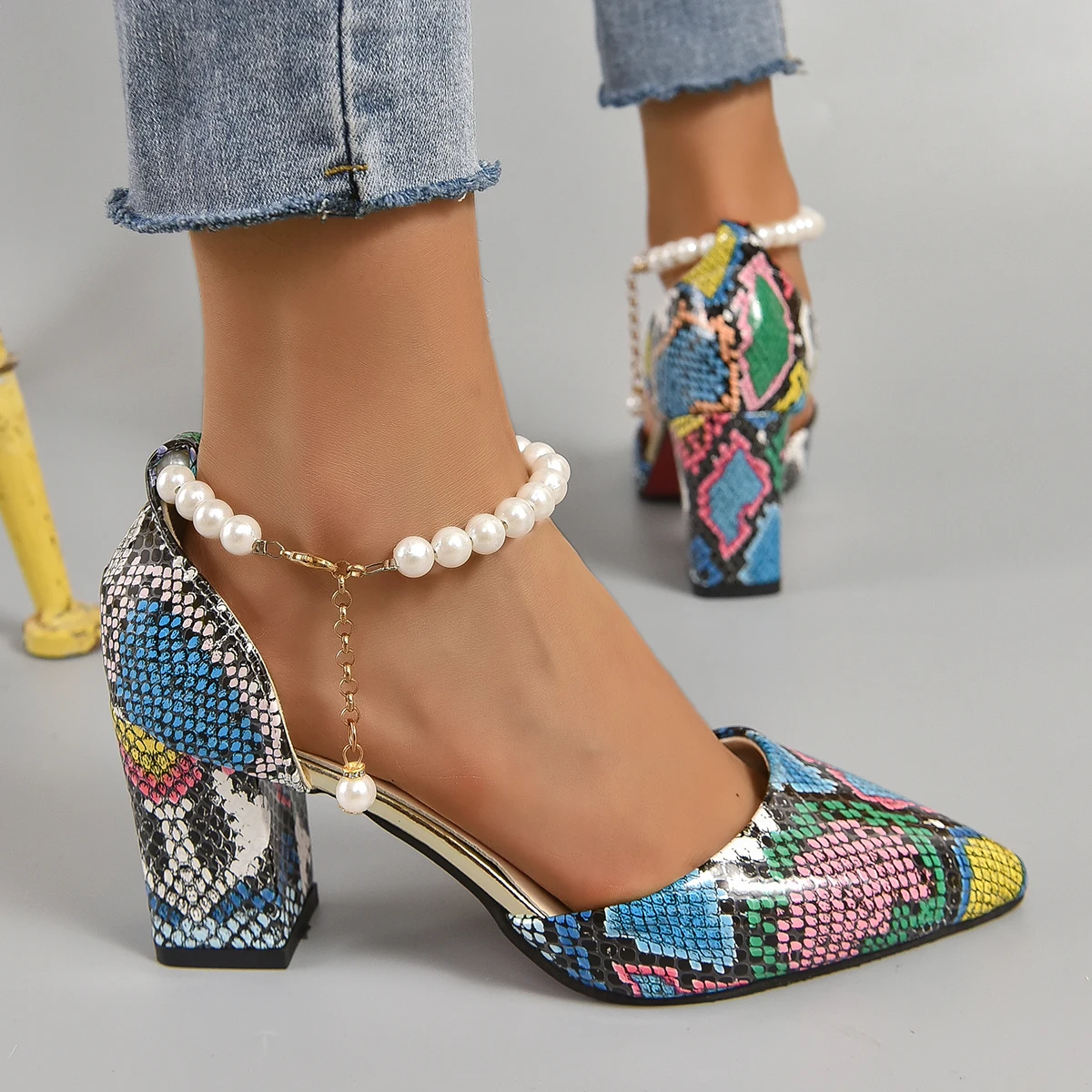 Aphixta Snake Pattern High Heel Sandals Summer Elegance Retro Women's Square Heel Sandals Size 33-46 Pearl Chain Design