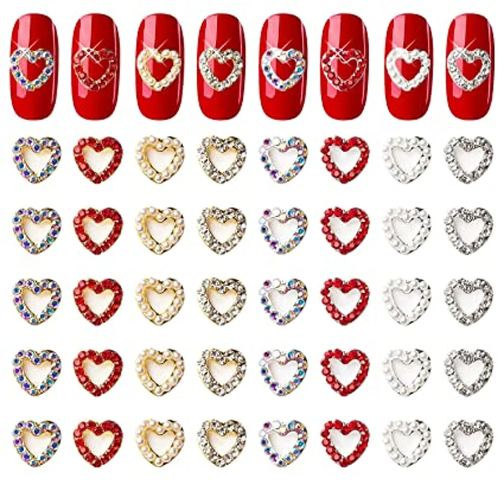 

10pcs Silver Heart Alloy Nail Art Charm 3D Sailor Metal Diamond Pearl Hollow Heart Love Nail Jewelry Luxury Nail Accessories