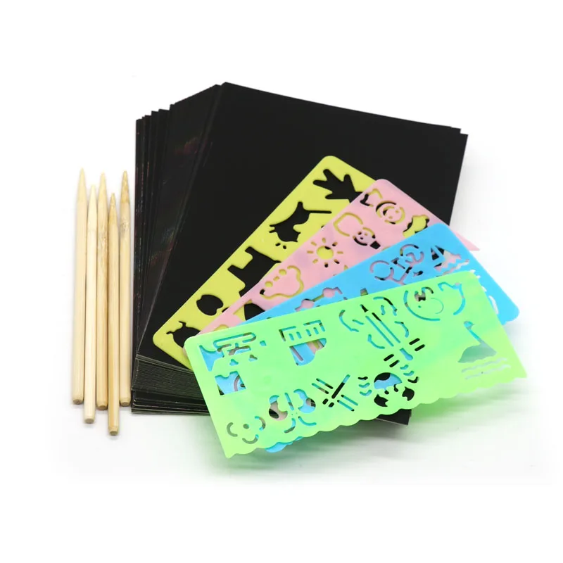Magic Rainbow Color Scratch Art Paper Card Set With Graffiti Stencil