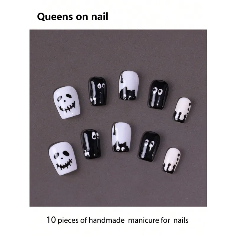 

10 Pieces Handmade False Nails Ballet Style False Nails/Smudged/Oversized Sparkling Diamonds/Pearls/Golden Stripes