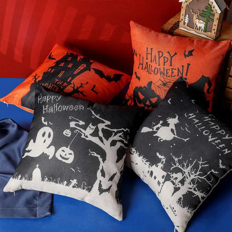 

4pcs Linen Halloween Cushion Covers 43cmHalloween Witch Collection Pillow Christmas Pillowcase Fall Theme Holiday Festival Decor