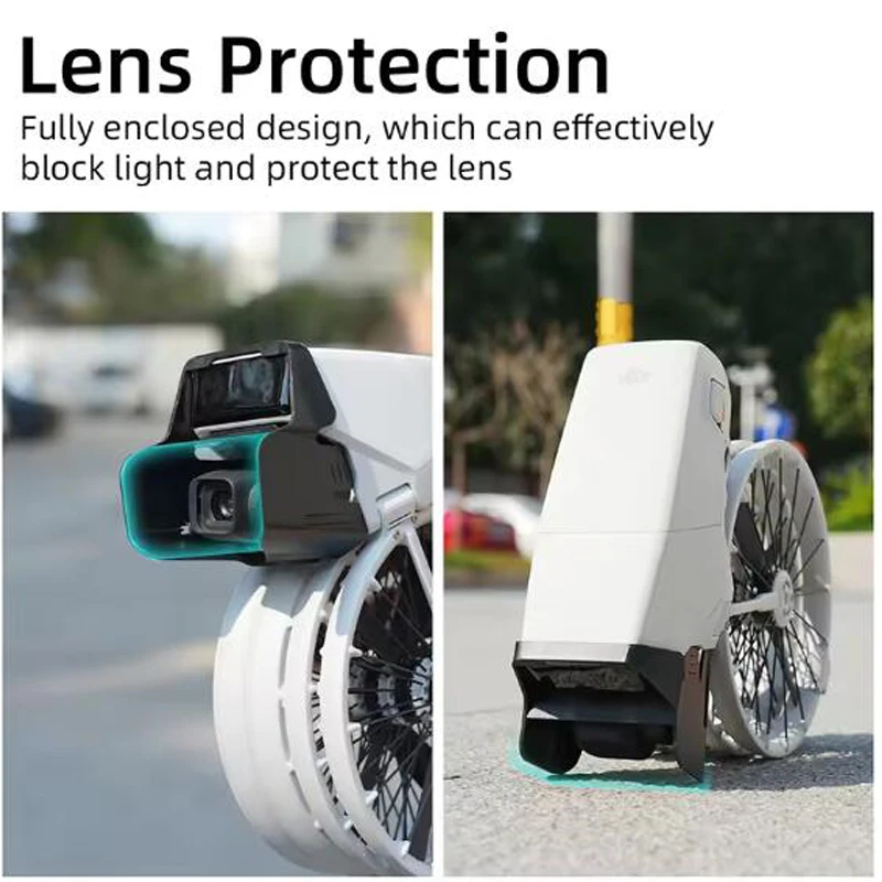 Pare-soleil pour objectif DJI Flip installé sur un drone en extérieur, bloquant la lumière latérale. Achetez le pare-soleil pour objectif DJI Flip - Protection anti-éblouissement et couvercle de cardan pour des vidéos sans flare.