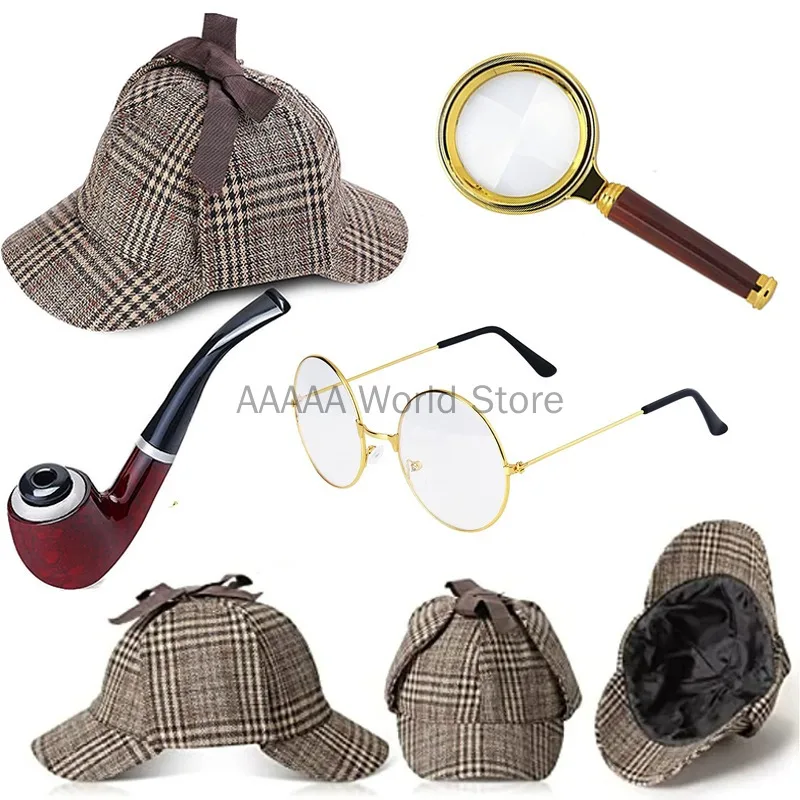 Adults Detective Costume Accessories Set Detective Hat Pipe Magnifying Glass Bow Tie Fake Mustache Lensless Glasses for Role