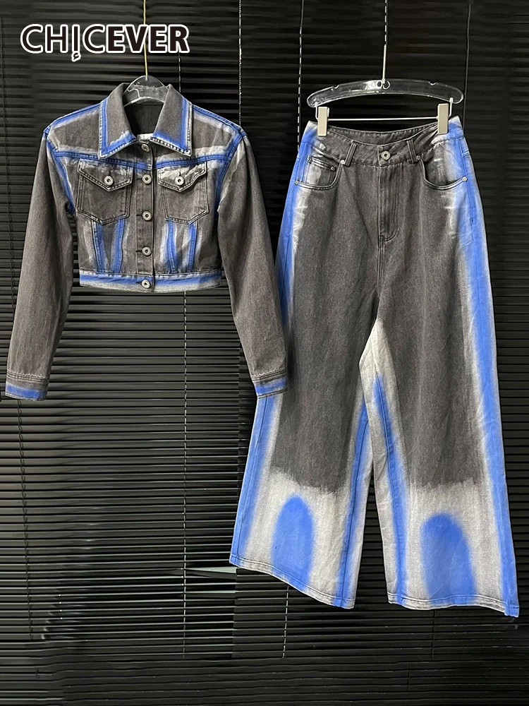 

CHICEVER Colorblock Denim Two Piece Sets For Women Lapel Long Sleeve Jackets High Waist Loose Wide Leg Pants Casual Set Female