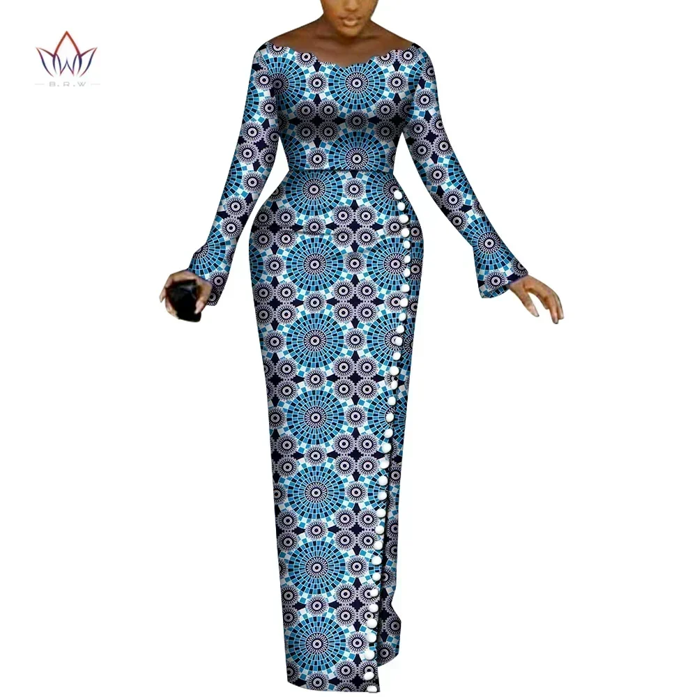 BRW African Dresses for Women Long Sleeve Party Dresses Riche African Print Mermaid Buttons African Women Clothing WY8240