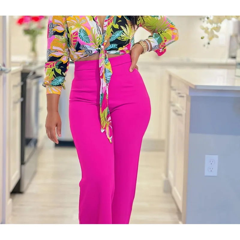 Fashion New Women's Spring and Autumn Suit Printed Lapel Long-sleeved Shirt Top Wide-leg Trousers Slim Trousers Two-piece Set