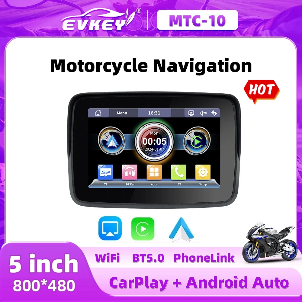 EKVEY-Pantalla de navegación para motocicleta, Monitor portátil inalámbrico, Android automático, resistente al agua, Apple Carplay