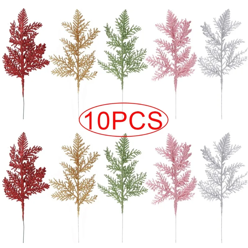 Christmas Glitter Gold Silver Leaves 10/5Pcs Xmas Tree Decoration Pendant Artificial Plants Pine Branches New Year Decoration christmas decorations