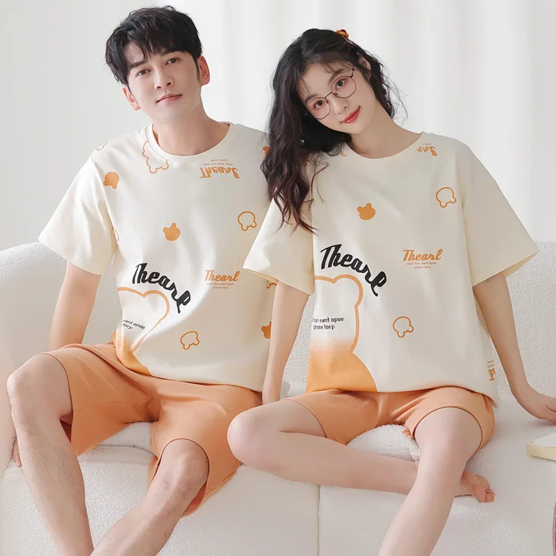 Men's Cotton Pajamas Set Summer Couples Home Clothing Women's Cartoon Sweet Cute Nightwear Plus Size M-3XL Loungewear Mujer Homb