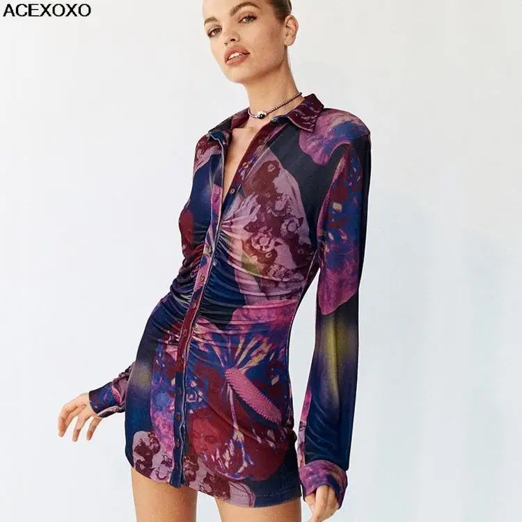

Autumn and winter Europe and the United States hot dress sexy printed folded cardigan long-sleeved shirt skirt dress is autumn