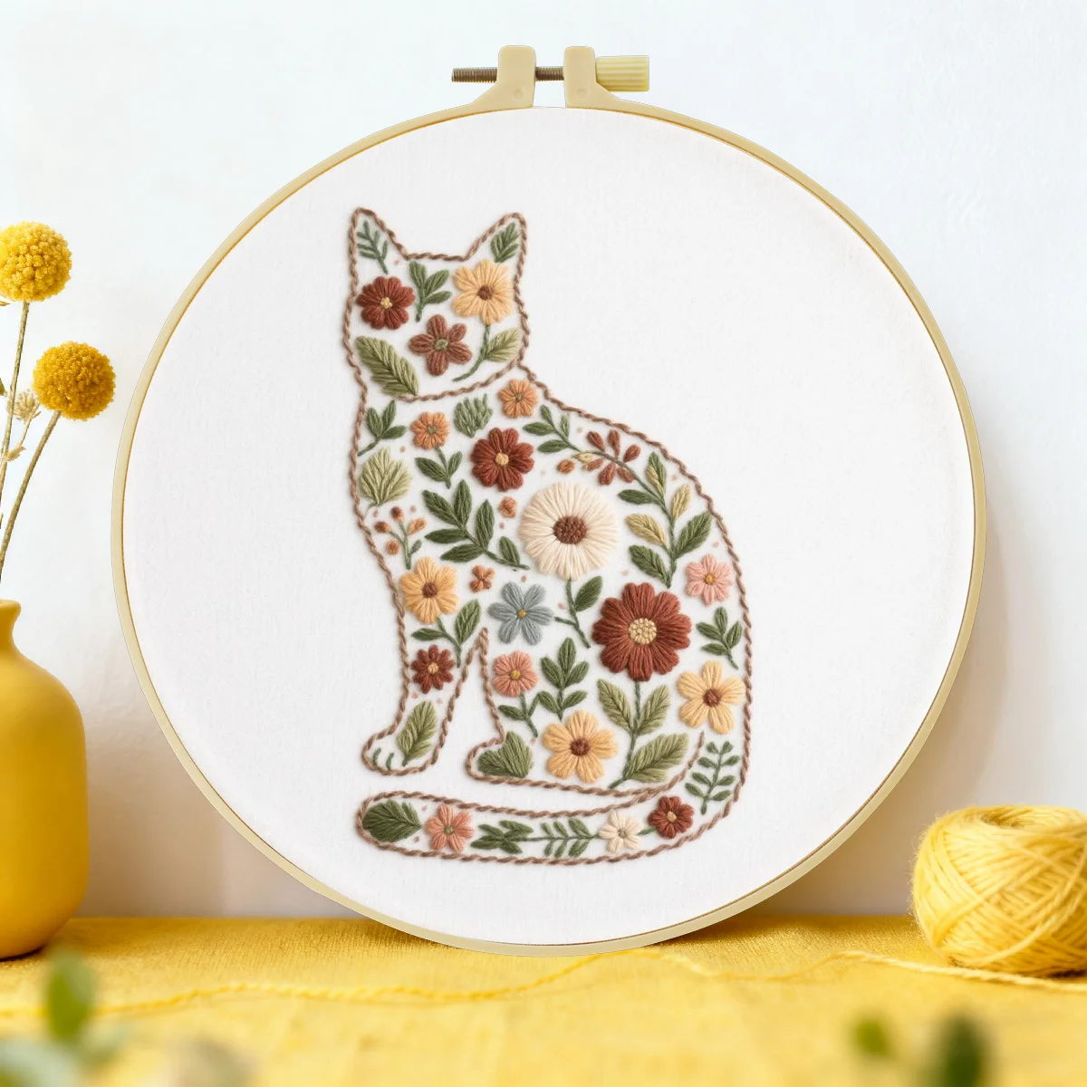1 Stück 20X20CM/15X15CM 7,87/6,3 Zoll Ein aus Blumen bestehendes Katzen-Bild Stickerei-Starter-Kit DIY-Kit DIY-Stickerei-Kit Handarbeiten
