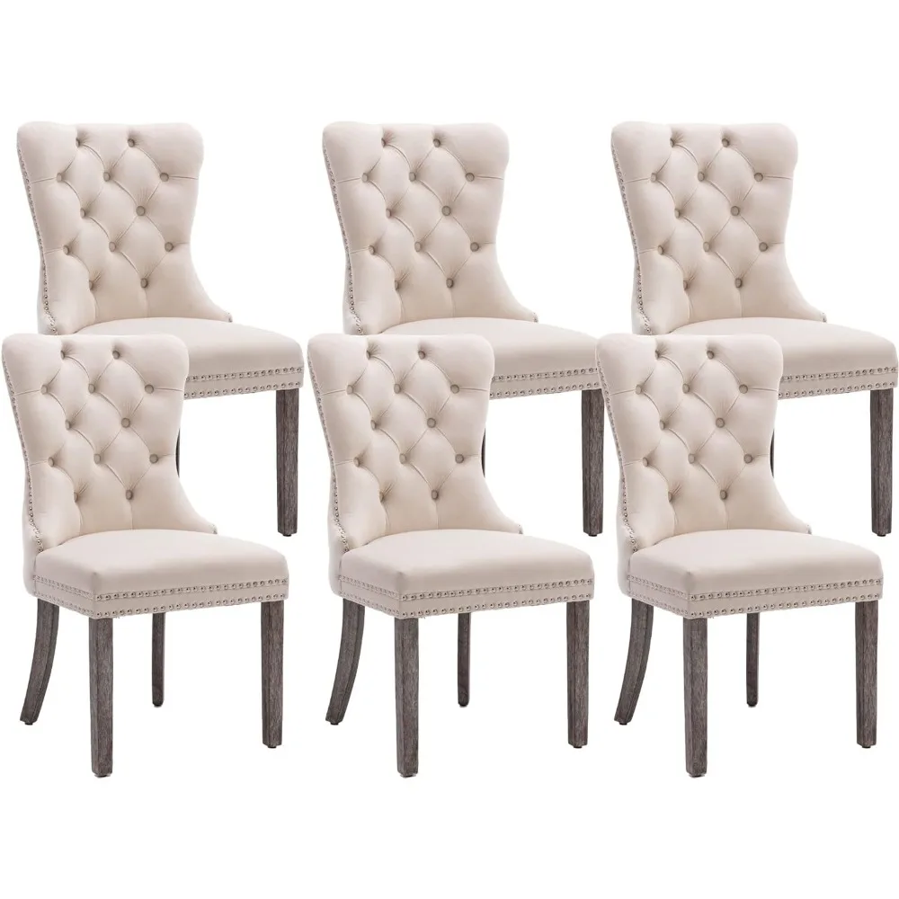 

KCC Velvet Dining Chairs Set of 6, Upholstered High-end Tufted Dining Room Chair with Nailhead Back Ring Pull Trim Solid Wood