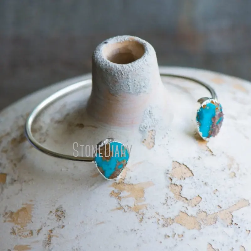 

BM33935 Raw Stone Turquoise Bangle Bracelet Adjustable Gemstone Cuff Geode Silver Plated Boho