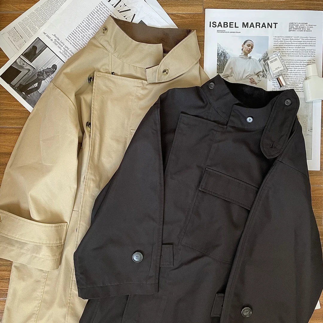 ALA Rising|Silhouette Twill Cotton Trench Coat With Large Pocket Minimalist cCasual Stand Collar Windproof Khaki Fall Coat Women