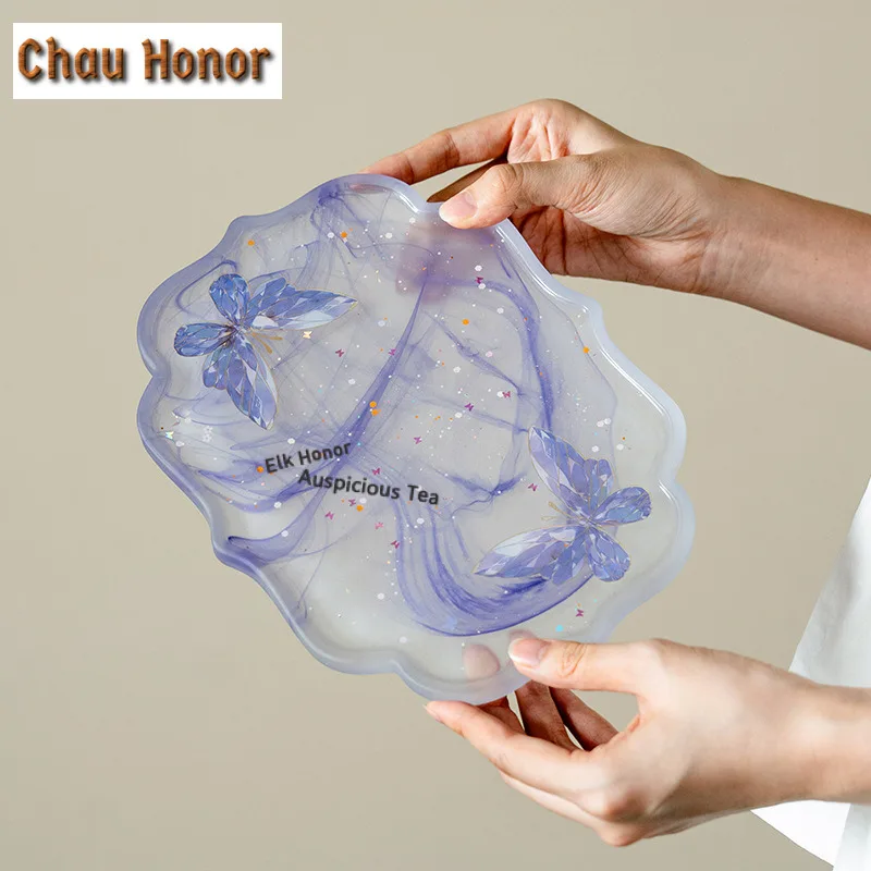 Crystal Butterfly Pot Bearing Holder Coffee Cup Dessert Serving Trays Dry Soaking Table Tea Tray Coasters Chinese Tea Set Craft