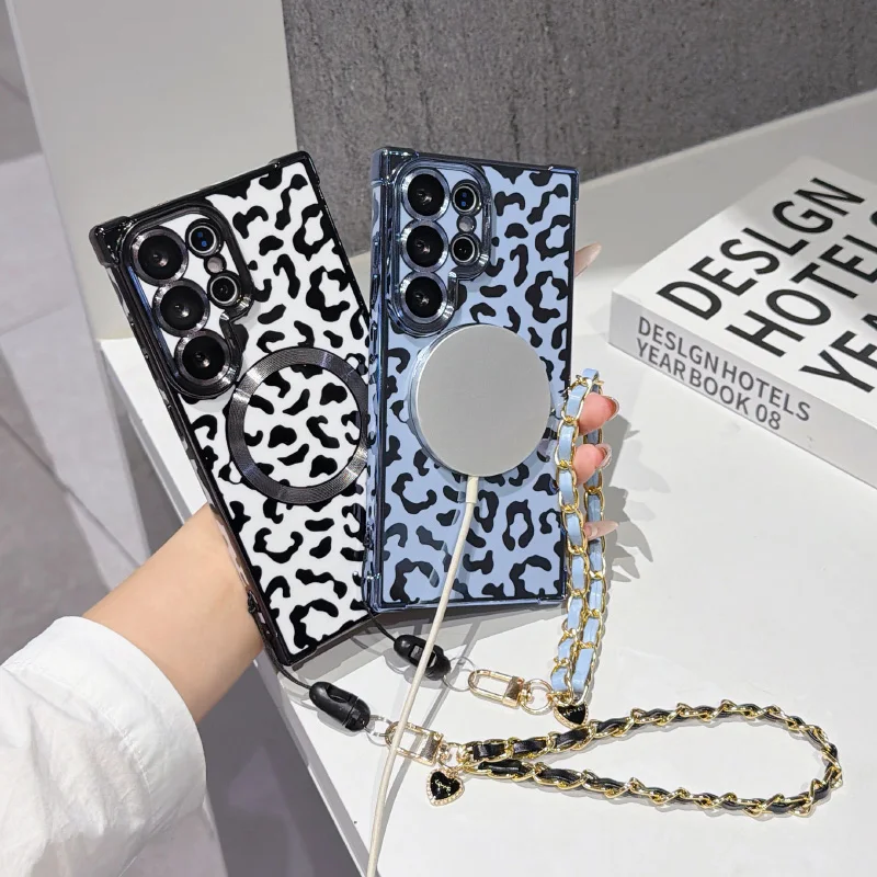 Leopard Print Magnetic Phone Case with Wrist Strap