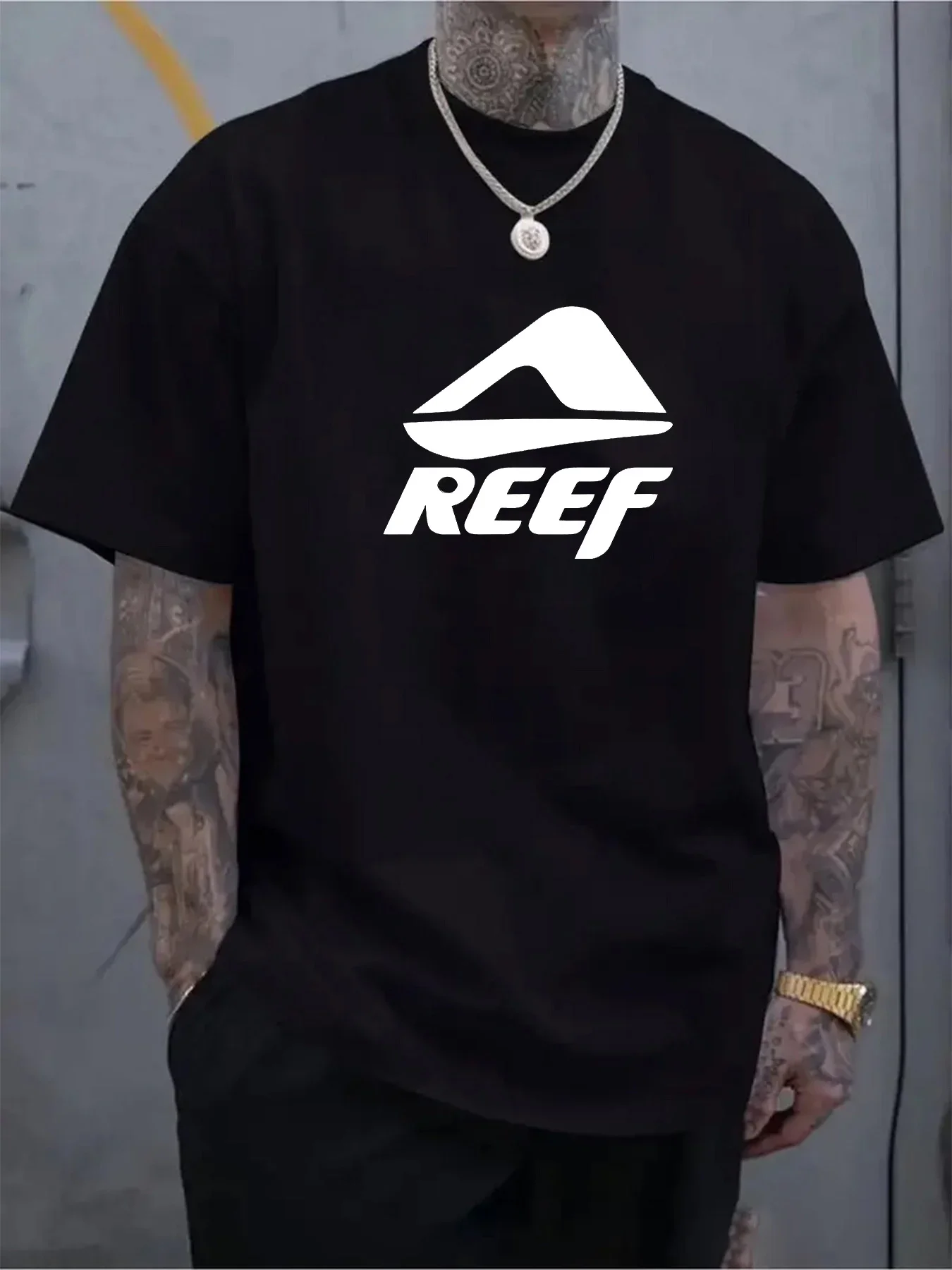 T-shirt Décontracté pour Hommes en Pur Coton avec Motif Géométrique et Lettre REEF