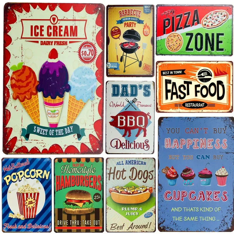 Letreros de lata de Metal Vintage, decoración de pared de comida rápida para cocina, cafetería y comedor, papá, barbacoa, hamburguesa, perro caliente, Pizze, papas fritas, Cupcake, helado