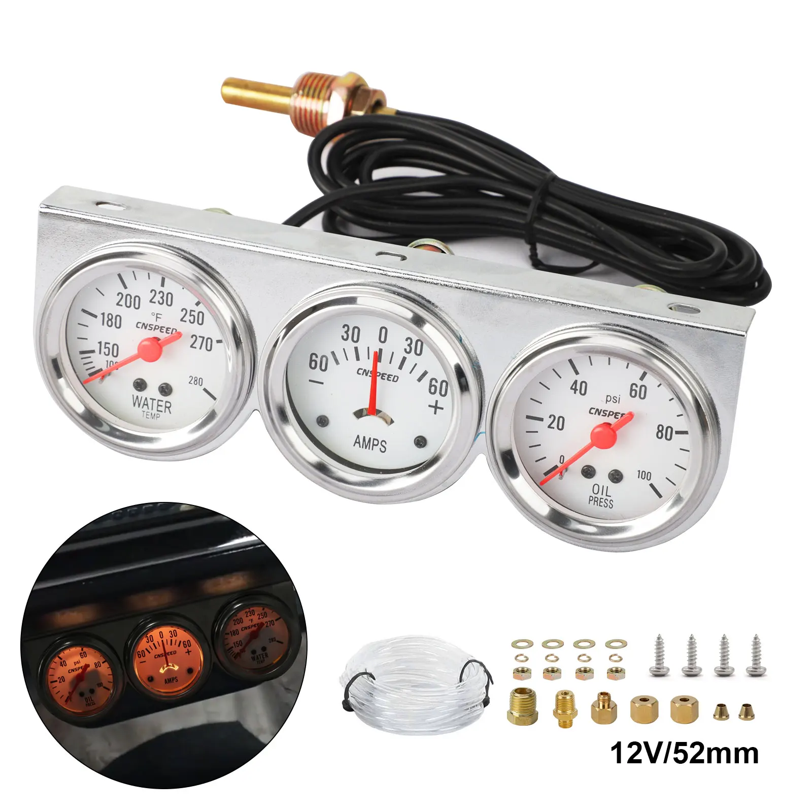 2AmpGaugeWaterTempOilPressuremeterTripleAutoGaugeSetwith