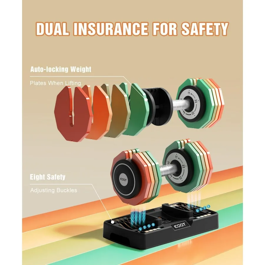 Adjustable Dumbbells Set/Single, 55LB 5 in 1 Free Adjustable Dumbbell Set with Anti-Slip Handle & Rainbow-colored Weight Plates