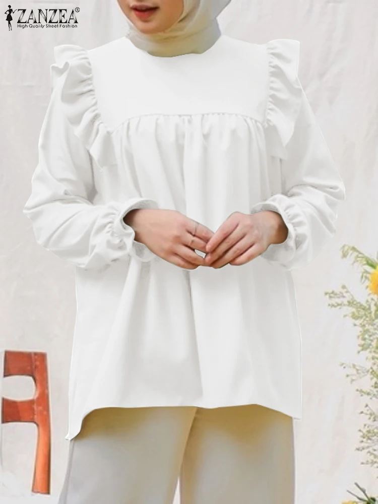 

ZANZEA Women Fashion Autumn Long Seeve Muslim Tops Casual Ramadan Turkey Shirt Solid Holiday Islamic Clothing Ruffles Hem Blouse