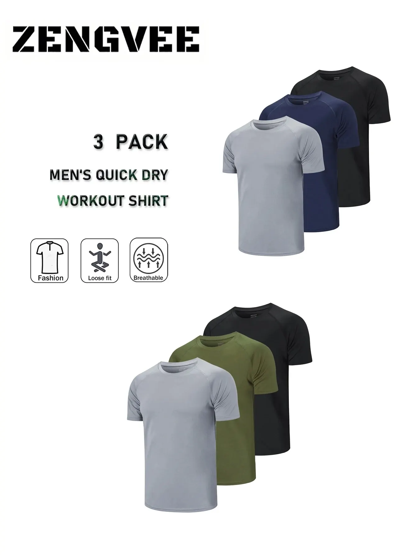 ZengVee 3 Pack Mens Running Shirts, Workout Tops Men Sport Fitness Shirts Gym Tops Men Crew Neck Breathable T-Shirt 6