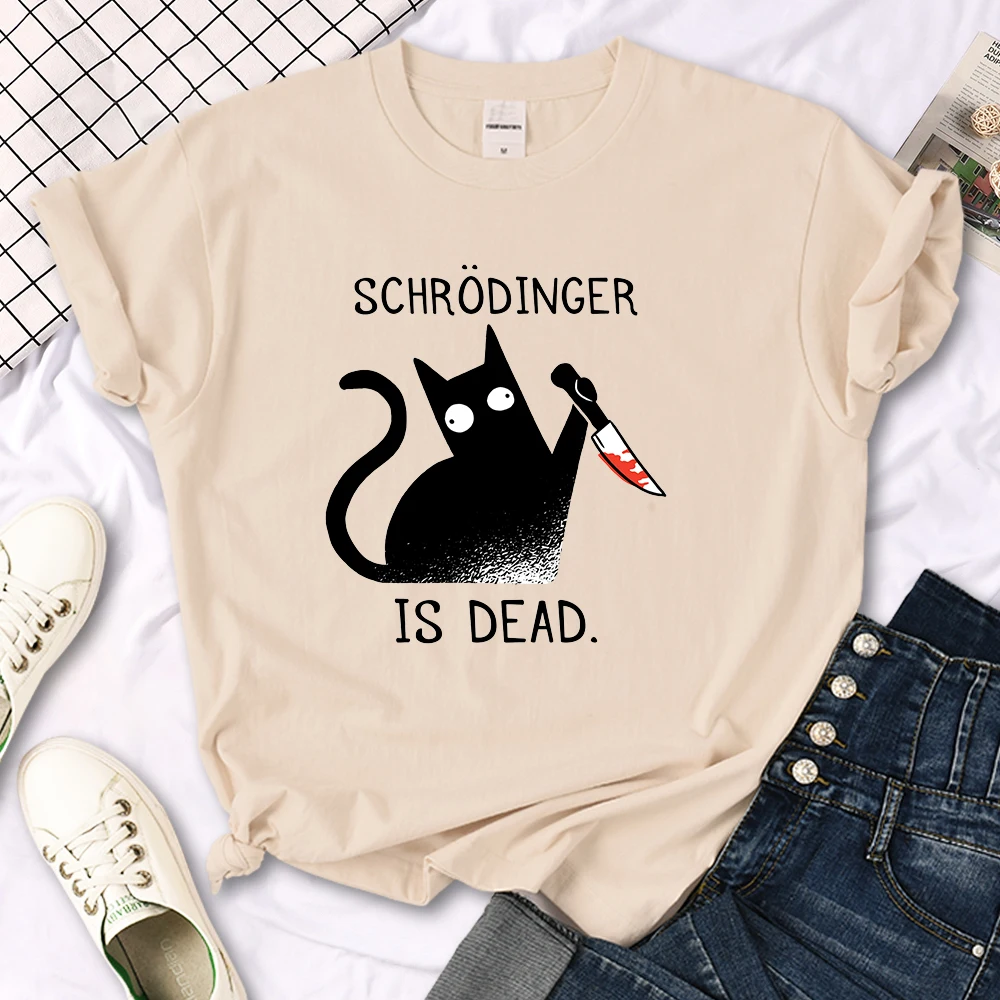 Females T-Shirts Schrodinger Is Dead Cartoon Black Cat Print T Shirt Women Oversized Soft Snug Loose Tees Comfortable Funny Tops