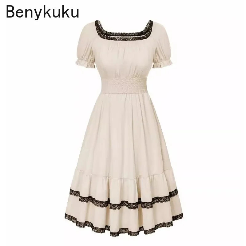 

French Retro Style Slash Neck Summer Clothes for Women Elastic High Waist Elegant Vintage Big Swing Midi Dress Womans Clothing