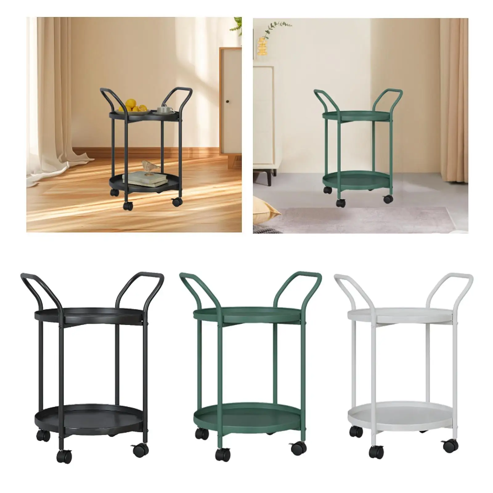 Coffee Table with Wheels Rolling Cart Metal Nordic Serving Trolley 2 Tier Round Side Table for Bathroom Garage Laundry Room