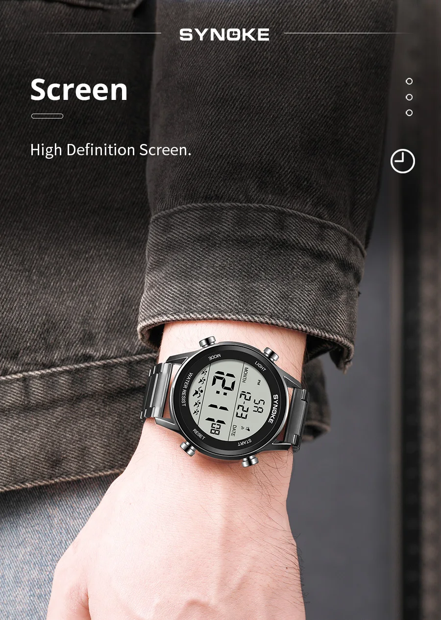 SYNOKE Top Luxus Edelstahl Armband Sport Uhren Herren Wasserdichte Hintergrundbeleuchtung Digitale Armbanduhr Männlich Alarm – Detail 5