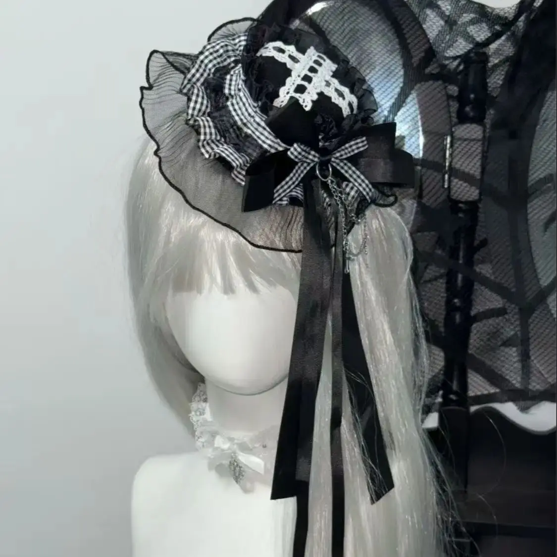 Dunkler Gothic Punk Retro Schwarzer Schleifen-Haarnadel Comic-Con Kleiner Zylinderhut Show Lolita Kopfschmuck Accessoires – Detail 2