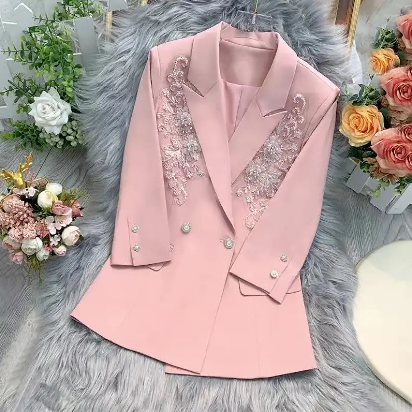 

Summer 3D Carved Flowers Embroidery Sequined Blazers Coat Beaded Suit Jacket Half Sleeve Turn Down Collar OL Cardigan Slim Tops