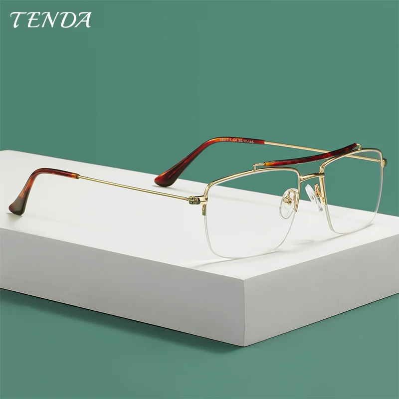 

Men And Women Metal Half Rim Rectangular Glasses Frame With Spring Hinge For Prescription Lenses