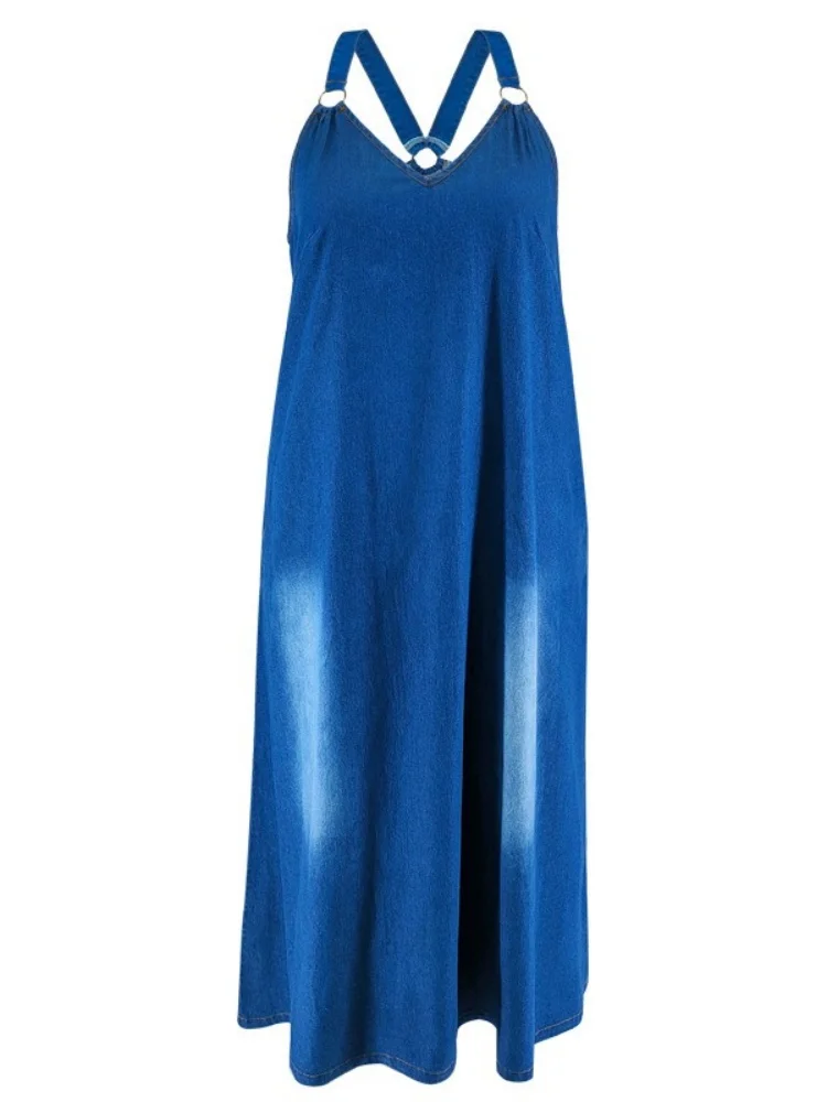 Wmstar Plus Size Denim Dresses Women Elegant French Style Deep V Sleeveless Dress Factory Wholesale Drop Shopping New Style