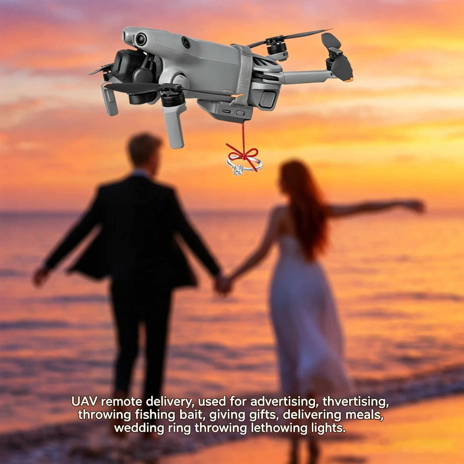 DJI Mini 5 Pro en vol avec le Mini Airdropper larguant un petit colis, livraison précise en action