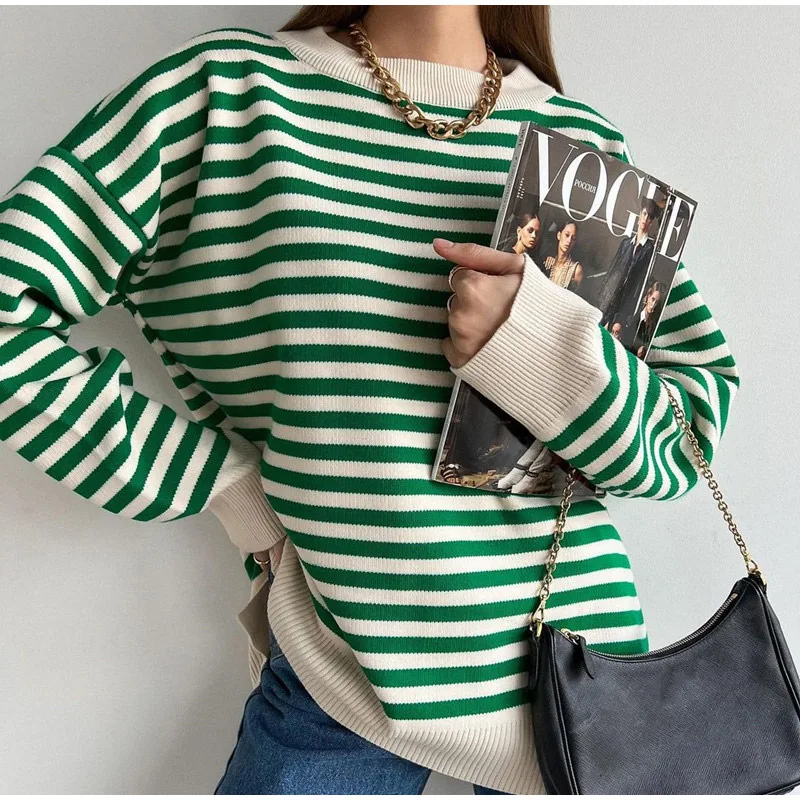 O Neck Vintage Striped Sweater Pullovers For Women Casual Loose Long Sleeves Jumpers Autumn Female Drop Shoulder Kintting Tops sweater for women