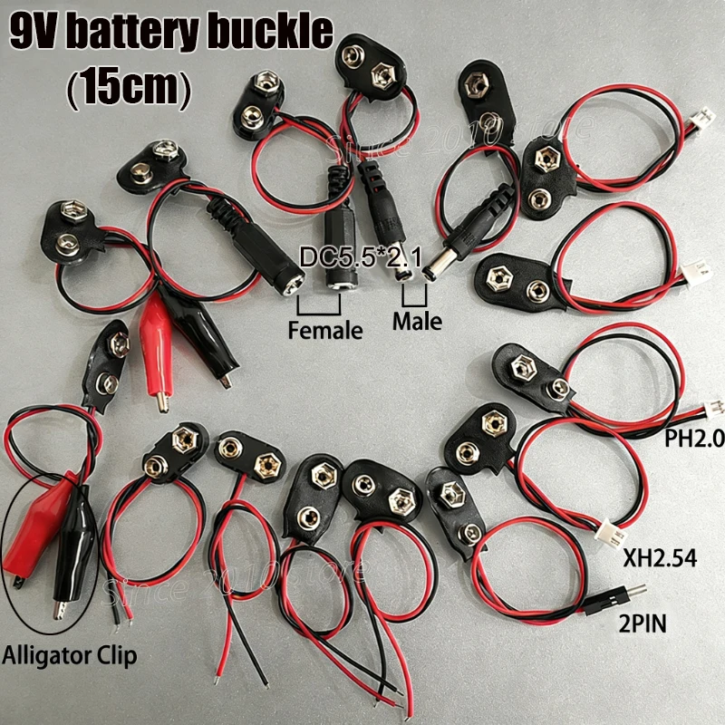 Cltgxdd 9 V Batterie-Clips 10–15 cm DC5521 Stecker/Buchse, Schnalle, 9 Volt Batterie-Clip-Anschluss, I/T-Typ-Batteriehalter