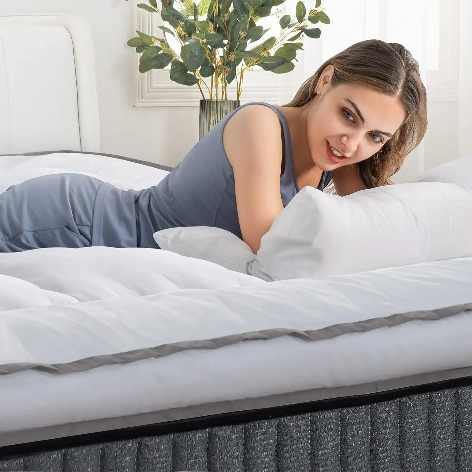QUEEN ROSE Mattress Topper Queen, Extra Thick Pillow-Top Mattress Pad Bed Covers, Plush Soft Support, 3D Snow Down Alternative, 5