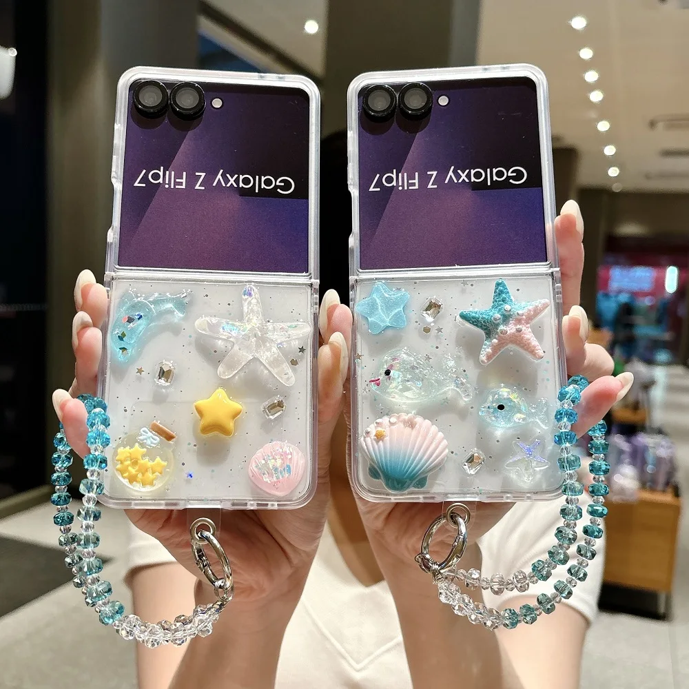 Glitter Transparent Epoxy Phone Case with 3D Sea Star Design and Chain - Shockproof Protective Back Cover