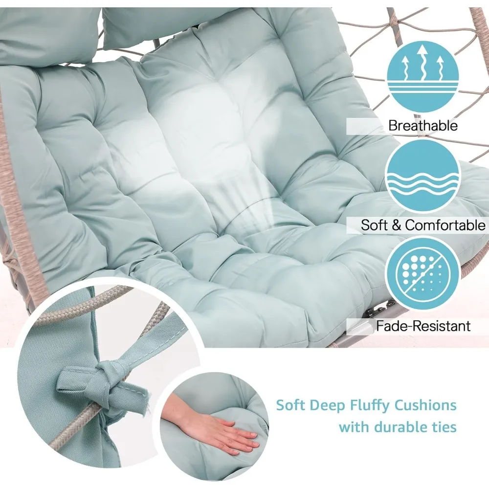 2 Person Double Egg Swing Chair with Stand Indoor Outdoor, Patio Wicker Rattan Hanging Egg Chair w/Cushion, Pillow 3